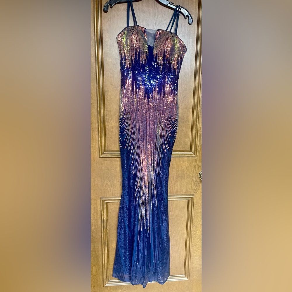Sparkling Navy and Rose Gold Sequin Prom Dress
